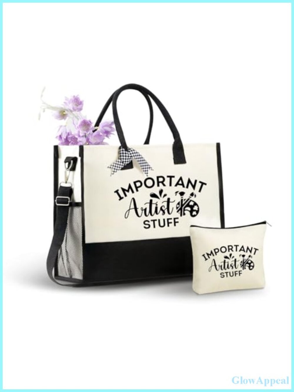 Canvas Tote Bag with Zipper Closure, Shoulder Strap, Makeup Pouch